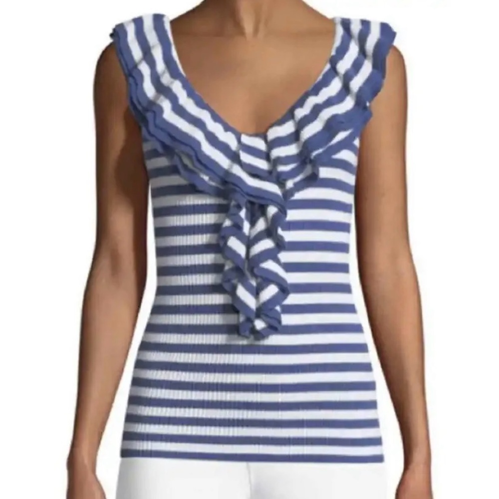 NWT *TRINA TURK* Striped *QUILL* Ruffle Neck Tank Top … *BLUE•WHITE* … Size: S